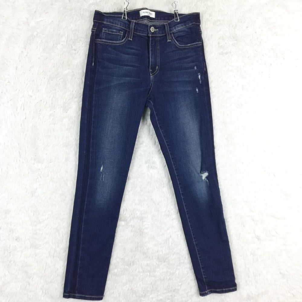 Flying Monkey Womens Jeans Skinny Denim Blue Distressed Side Stripe Two Tone 28